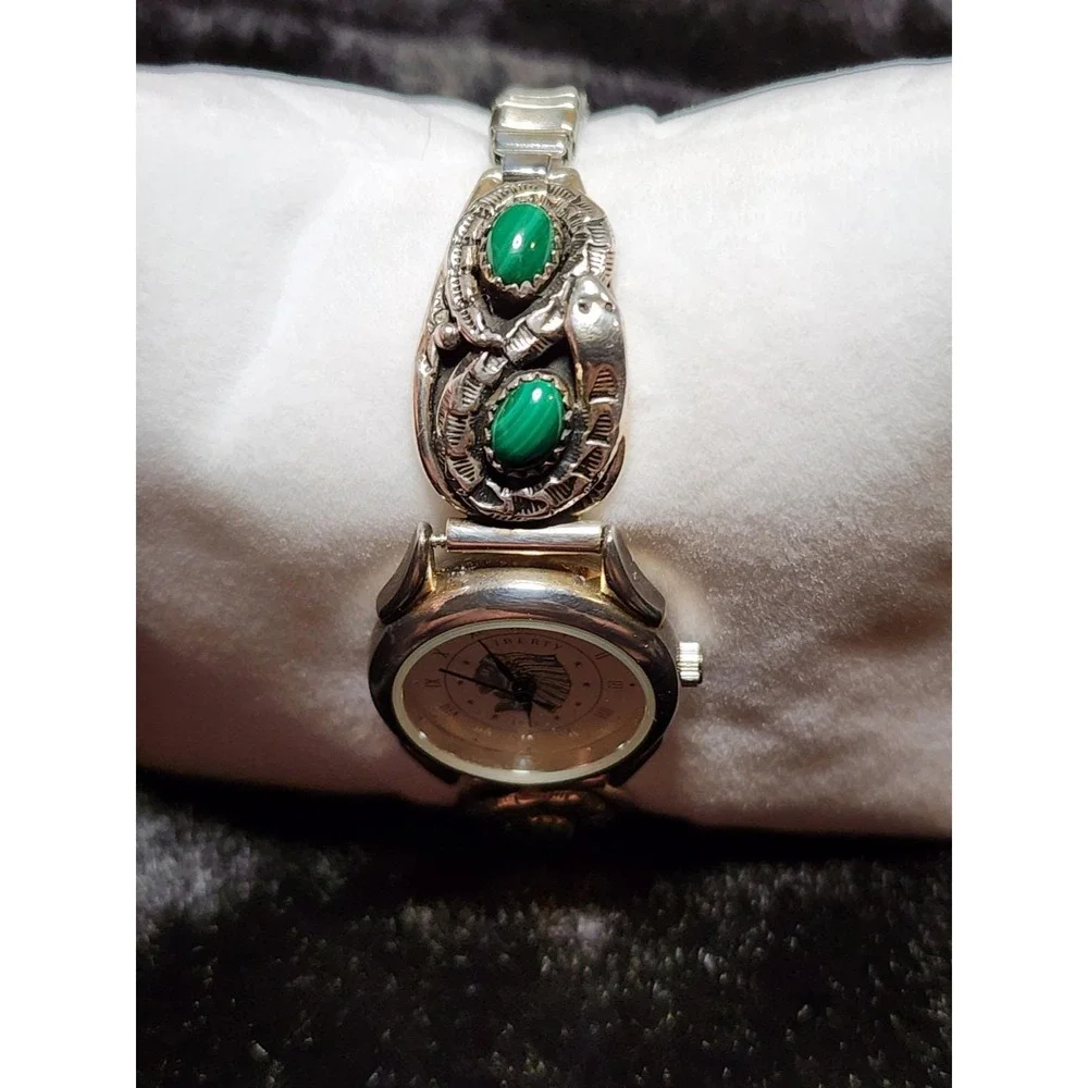 Navajo Michael Perry MP Sterling Silver Malachite Liberty Watch Vintage Running